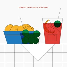 an image of fruit and juice on a table with the words vermut, patillas y achtnas