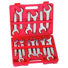 a red tool box filled with lots of wrenches and spanner's tools