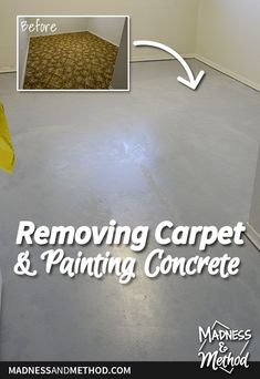 an empty room with carpeting and painting on the floor, before and after remodel