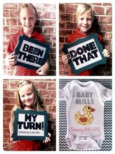 four pictures of children holding up signs that say, i'm born to be twins