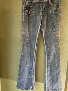 7 for all mankind bootcut bedazzled and distressed designer jeans. Good condition! Shipped with USPS Priority Mail. Fast shipping Bedazzled Pants Y2k, Y2k Bedazzled Jeans, Bedazzled Clothes, Bedazzled Pants, Hoco Jeans, 00s Jeans, Wrapped Pickles, Bedazzled Stuff, Beaded Jeans