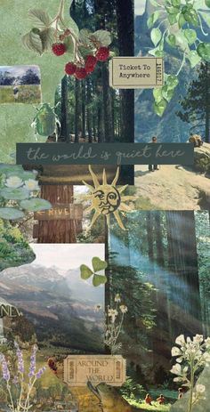 a collage of images with trees, mountains and people in the woods on them