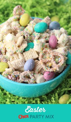 an easter party mix in a blue bowl