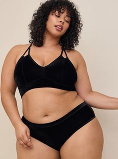 Matching style(s): Search 18339198 FIT Mid rise. Medium coverage. MATERIALS + CARE Velour and mesh fabric. . 95% polyester, 5% spandex. . Machine wash cold. Dry flat. Imported. DETAILS Stretch waistband. . Cage back detail. Mesh detail. . The best plus size women's velour and mesh hipster panty with cage back caged & strappy panties in rich black made of velvet. Torrid is your destination for cozy fall and winter clothes to keep you warm and comfortable. Plus Size Photography, Bralette Outfit, Back In Black, Swim Suits, Women Outfits, Matches Fashion, Winter Clothes, Bandeau Top, Happy Valentines