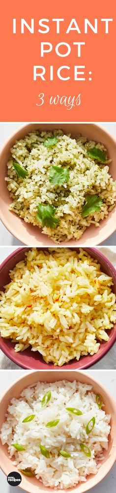 three different types of rice in pink bowls with the words instant pot rice 3 ways