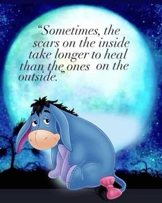 a cartoon character sitting in front of a full moon with the quote sometimes, the scars on the inside take longer to heal than the ones on the outside