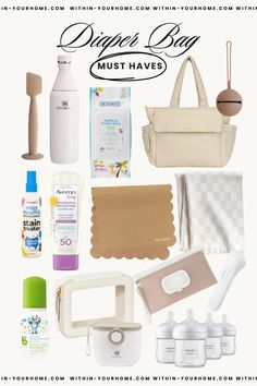 the contents of a diaper bag are shown in this image with text overlay