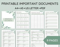 the printable important documents for us letter ppf is shown in green and white