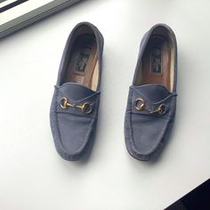 Calling All Vintage Gucci Lovers! Light Blue Suede 1953 Anniversary Loafer With Brass Snaffle. Patent Piping On Tongue. Leather Sole And Heel; Size 37. In Worn, Vintage Condition, With Many Years Of Wear Left. Super Chic; Price Reflects Vintage Condition. Gucci Blue Formal Loafers, Timeless Gucci Slip-on Loafers, Classic Blue Luxury Loafers, Brown Gucci Slip-on Loafers, Gucci Leather Tassel Loafers Slip-on, Gucci Shoes, Blue Suede, Vintage Shoes, Loafer Flats