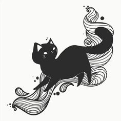 a black and white drawing of a cat with long hair on it's back