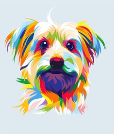 a colorful dog is shown on a light blue background