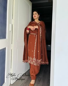 Brown suit / traditional punjabi suit Rust Color Punjabi Suits Women, Rust Color Punjabi Suit, Rust Colour Suit Punjabi, New Punjabi Suit Design Party Wear, New Designer Punjabi Suits Party Wear, Brown Punjabi Suit, Punjabi Suit Colour, Brown Salwar Suit, Brown Suit Women's