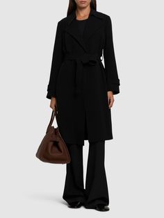 Belted cuffs. Includes matching self-tie belt. Model is wearing a sizeS Versace Brand, Long Sleeve Outerwear, Trench Coat Black, Flat Espadrilles, Swim Accessories, Shearling Jacket, Ski Wear, Outerwear Coats, Tie Belt