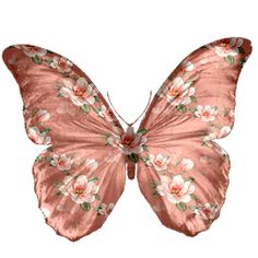 a pink butterfly with white flowers on it's wings