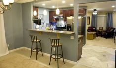 two bar stools sit in front of a kitchen counter with an open door leading to the living room