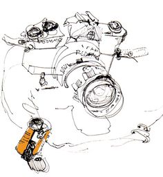 an ink drawing of a camera and its parts