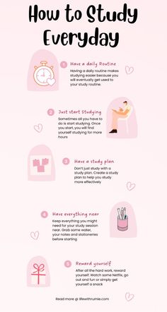 a pink poster with the words how to study every day and other things on it