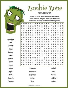 the zombie word search is shown in this green and white printable activity sheet for kids