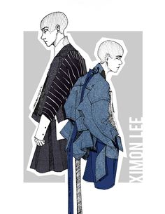 a drawing of two people walking down the street, one is wearing a jacket and the other has a skirt