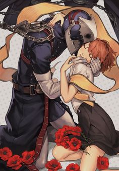 two anime characters are kissing in front of red flowers and black umbrellas with chains on them