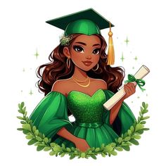 a woman in a green graduation gown holding a diploma and wearing a mortar cap with leaves around her neck