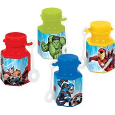 four different colored plastic containers with cartoon characters on them