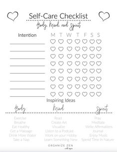 a printable self care checklist with hearts