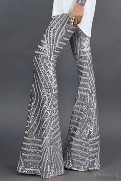 Lasaky - Silver sequin wide leg pants Sequin Wide Leg Pants, Look Disco, Sequin Pant, Festival Chic, Casual Summer Pants, Trendy Pants, Estilo Hippie, Sequin Pants, Mode Boho