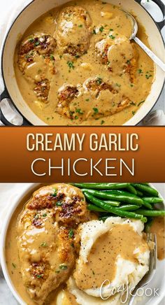 creamy garlic chicken in a skillet and creamy garlic chicken with a side of mashed potatoes and green beans, all covered in a tan, creamy garlic sauce. Caramelized Garlic, Creamy Garlic Chicken Recipes, Top Dinner Recipes, Creamy Garlic Chicken, Garlic Chicken Recipes, Favorite Recipes Dinner, Healthy Dinner Recipes Chicken, Creamy Garlic, Dinner Recipes Crockpot