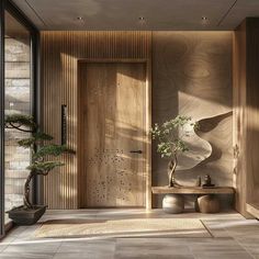 an entryway with wooden paneling and potted plants