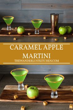 the caramel apple martini is served in small glass bowls on a wooden serving tray