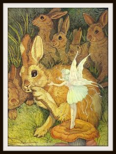 a painting of rabbits and a fairy in the grass