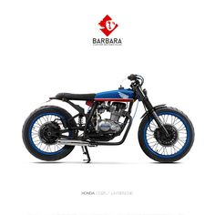 a blue and black motorcycle is shown on a white background with the words barrara written below it