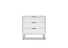 a white dresser with two drawers and gold handles on it's legs, against a white background