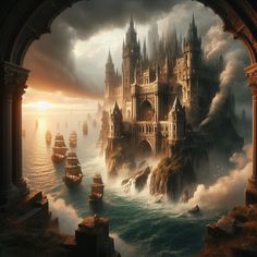 an image of a castle in the middle of the ocean with ships coming out from it