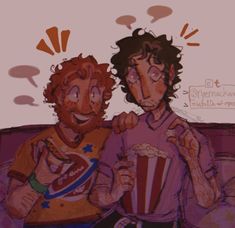 two men sitting on a couch with popcorn in their hands