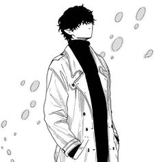 an anime character standing in the rain with his hand on his hip and wearing a trench coat