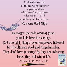 a pink background with the words romans 8 28 kjv and an image of a boat