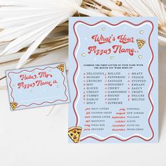 a pizza party game is shown next to some palm leaves and a card that says what's your pizza name