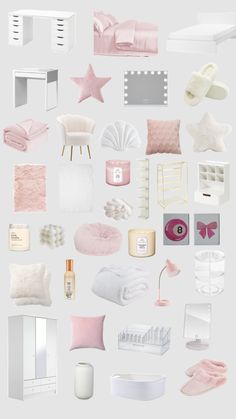 an assortment of pink and white items are arranged in the shape of a collage