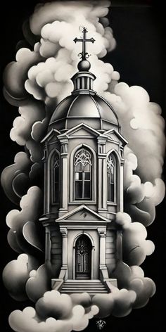 a black and white drawing of a church tower with clouds in the sky behind it