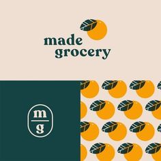 the logo for made grocery, with oranges and leaves on it's sides