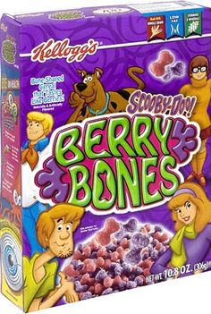 berryy bones cereal box with cartoon characters on the front and back side, in purple packaging