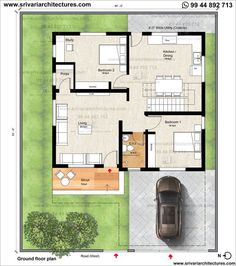 a floor plan for a house with two cars parked in the driveway