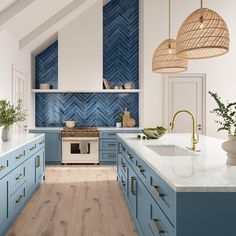 a kitchen with blue cabinets and white counter tops