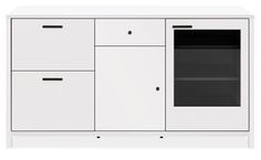 a white cabinet with two doors and three drawers on one side, the door is open