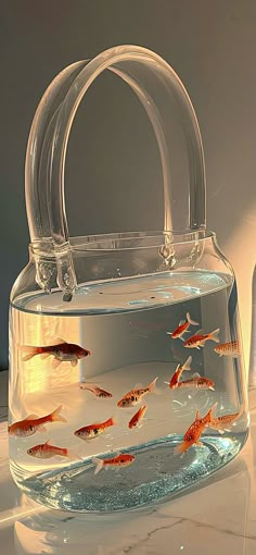 a clear bag with goldfish in it on a white countertop next to a light