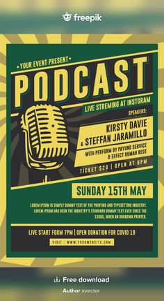 a poster for an event with a microphone and sound waves in the background that reads, your event podcast live streaming at instream