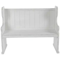 a white bench with wooden slats on the back and seat upholstered to it's sides