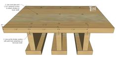 a wooden table with measurements for the top and bottom section, including two legs on each side